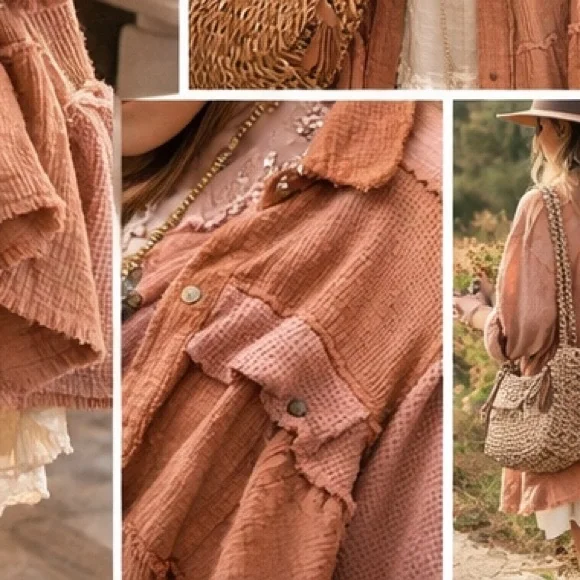 POL Lagenlook Waffle Knit Gauze Oversized Button Down Shacket Top Medium - Picture 3 of 9